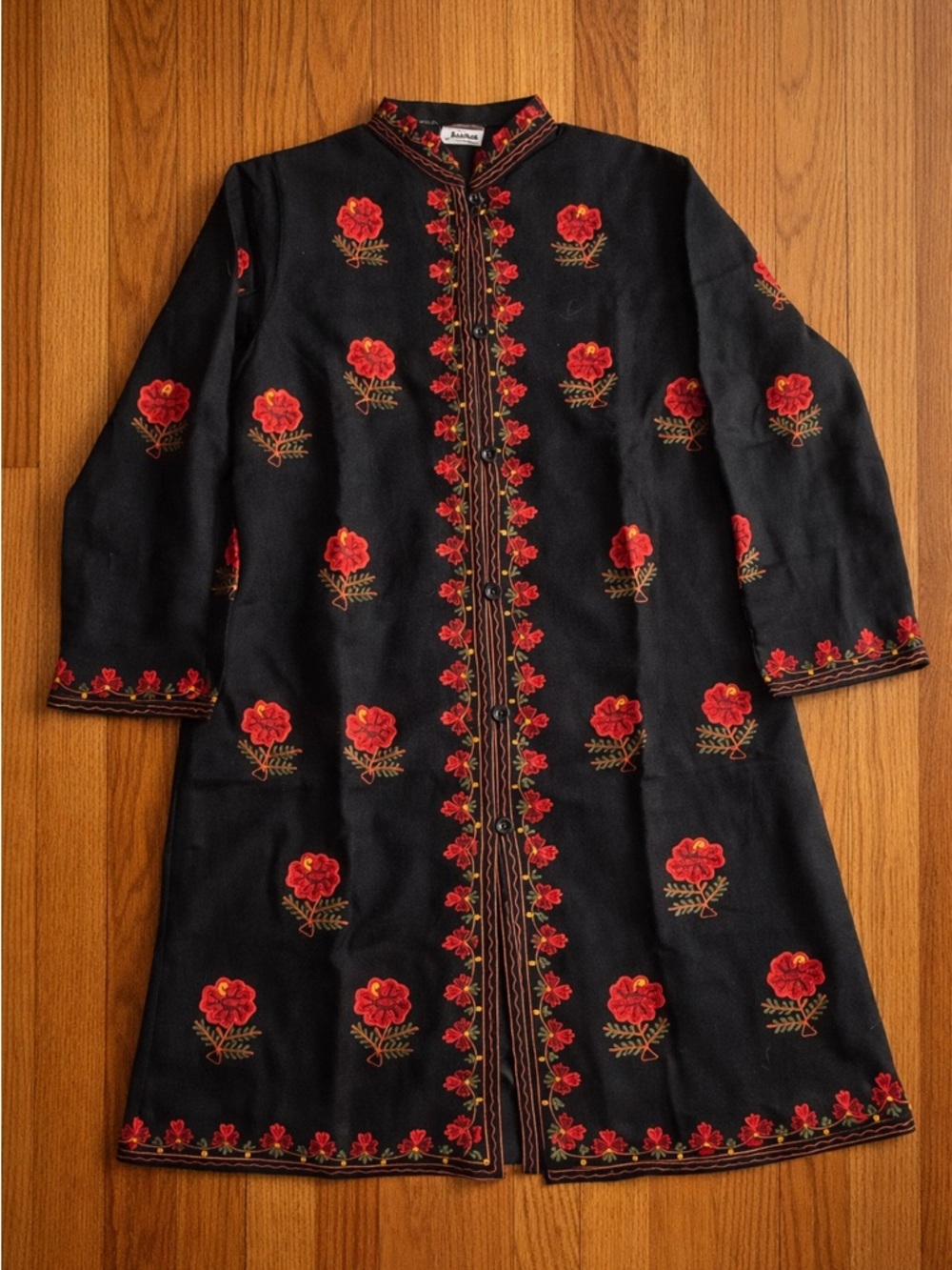 Source Unknown Black Jacket with Red Floral Embroidery